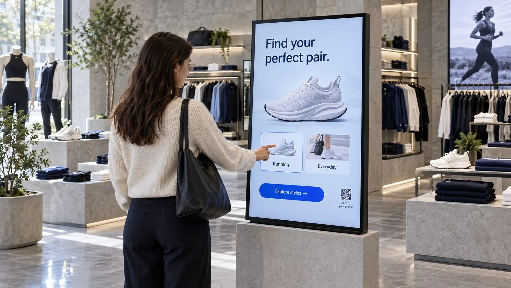 Cliente che usa un totem interattivo touch per cercare scarpe da corsa, con un codice QR sullo schermo