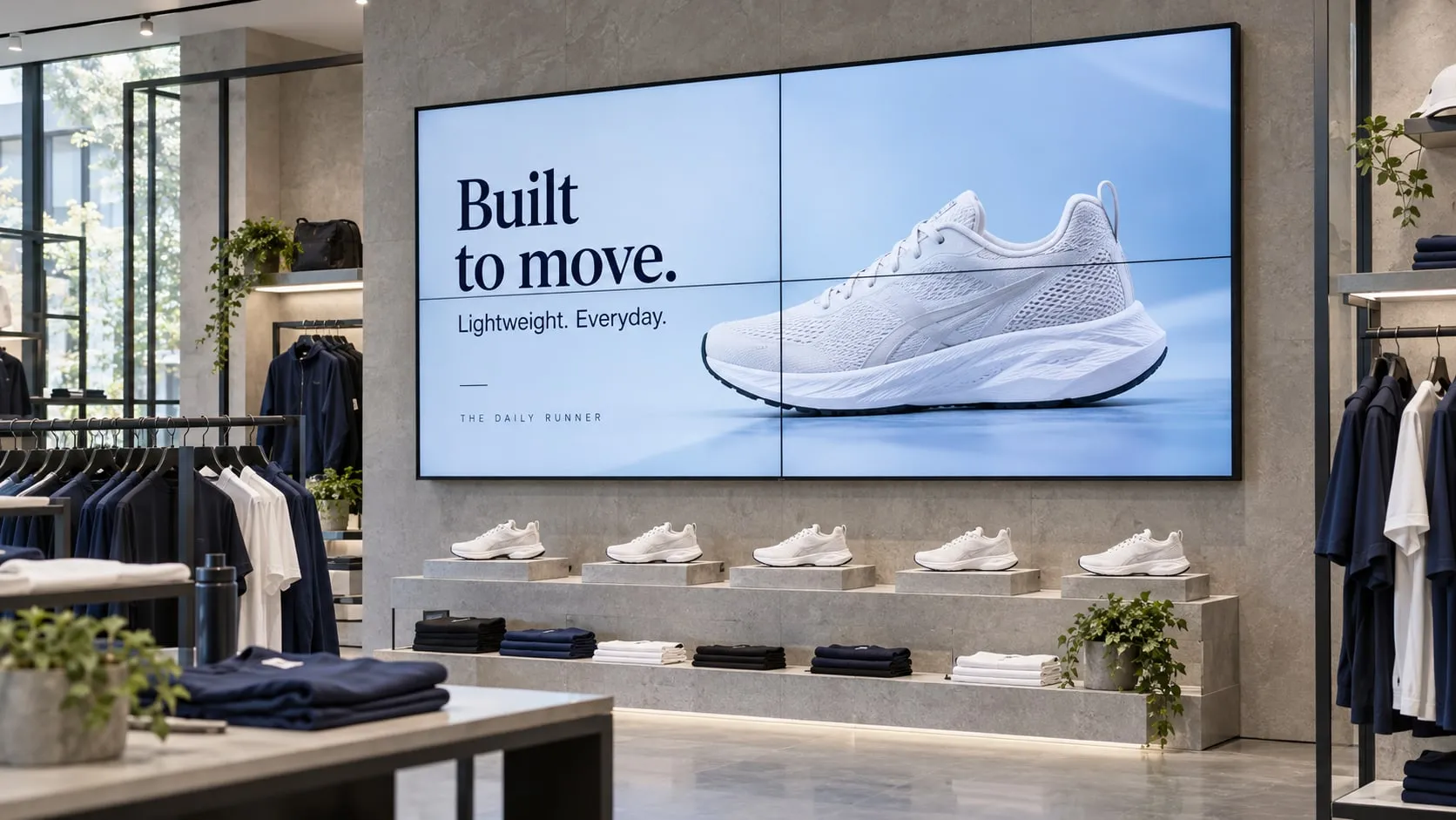 Videowall sopra uno scaffale di sneaker che mostra una scarpa da corsa bianca