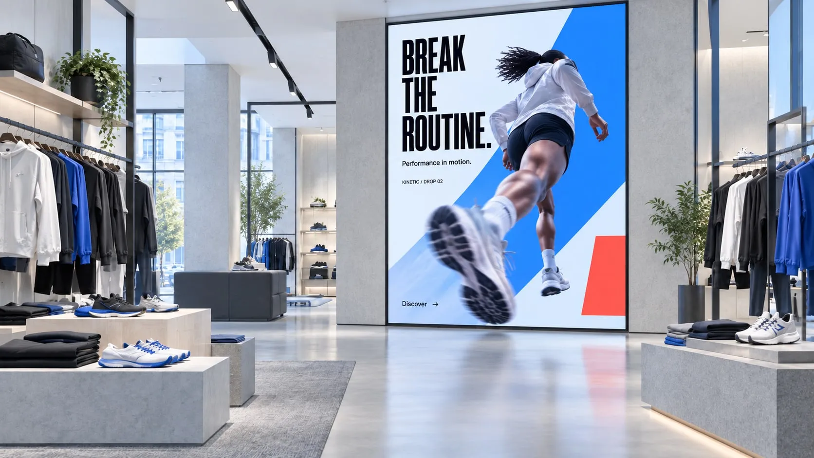 Negozio di abbigliamento con un grande schermo sul fondo che mostra una campagna sulla corsa