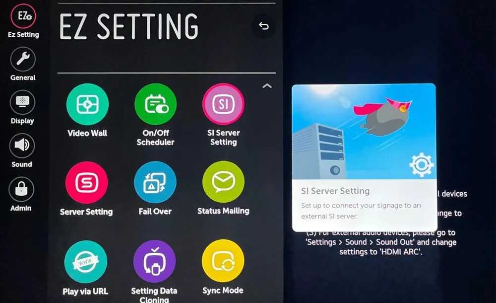 Menu SI Server Setting su una TV LG webOS Signage