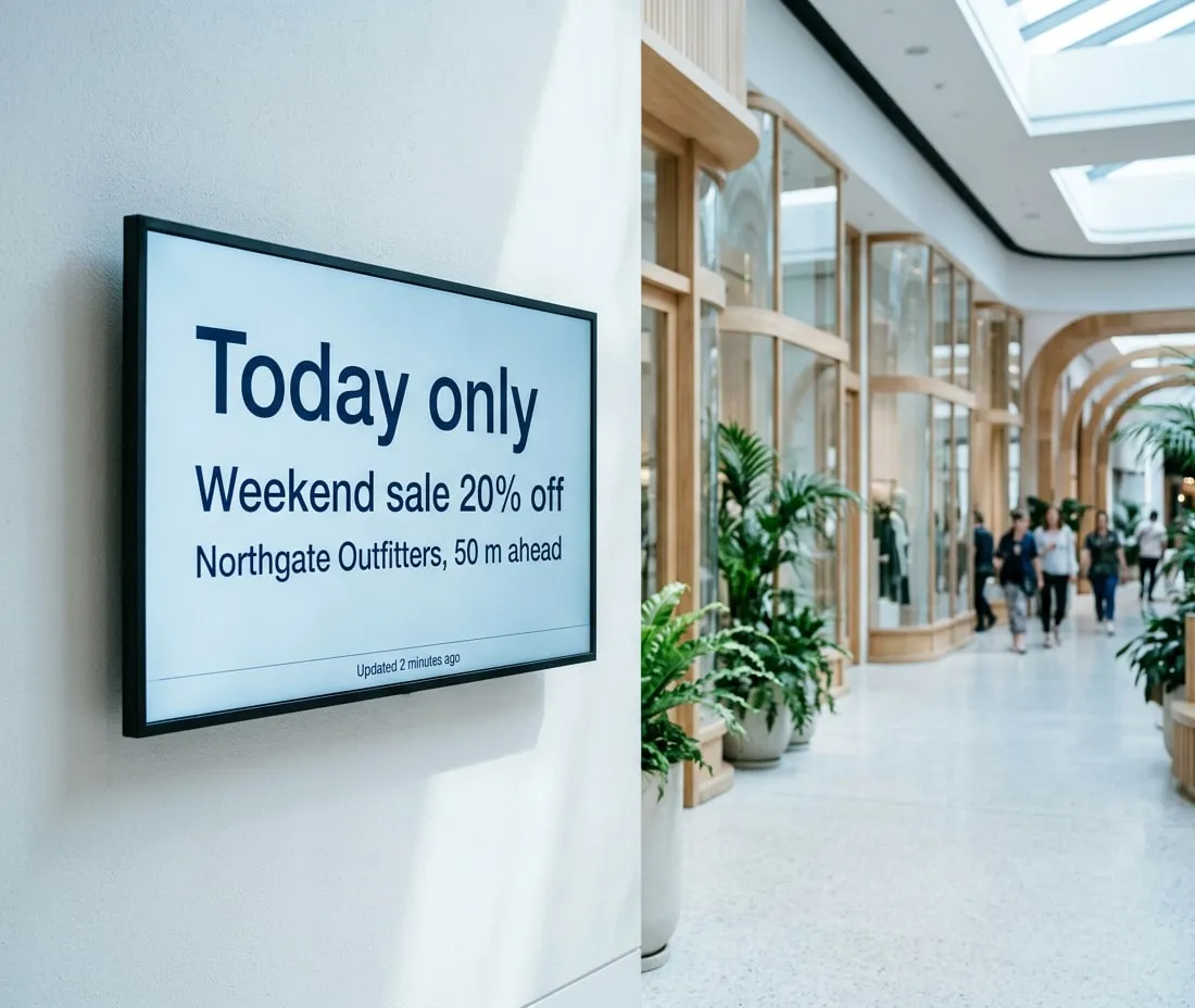 Schermo a parete in una galleria commerciale che annuncia i saldi del weekend, solo oggi con il 20% di sconto, da Northgate Outfitters a 50 m, aggiornato 2 minuti fa