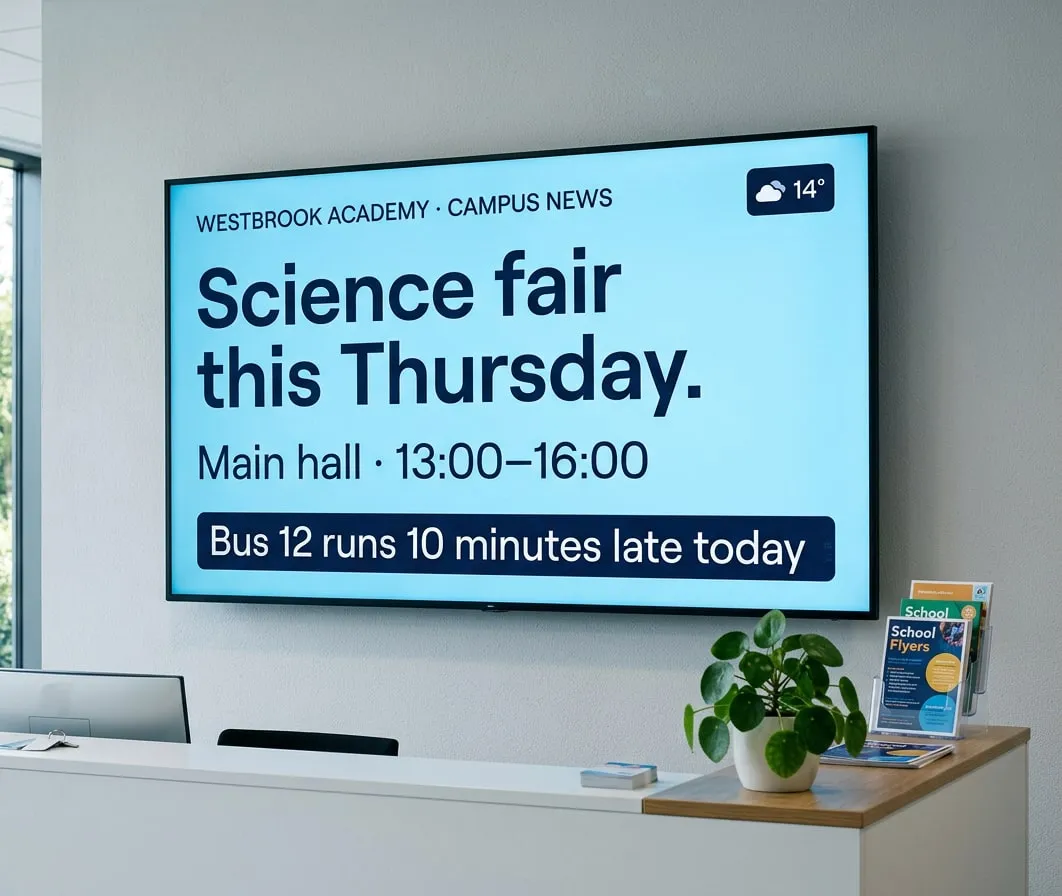 Schermo della segreteria di una scuola che annuncia la fiera della scienza di giovedì, con un ticker che avvisa del ritardo di 10 minuti dell’autobus 12