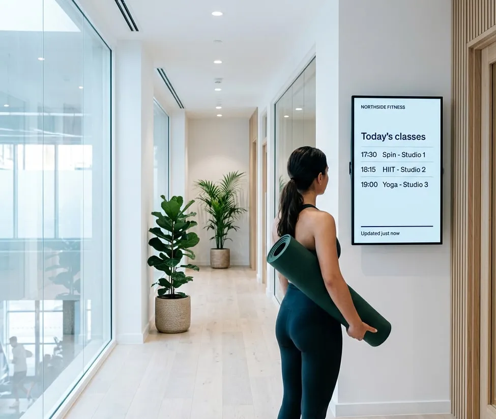 Donna con un tappetino da yoga nel corridoio di uno studio che legge uno schermo con i corsi di oggi: spin in studio 1 alle 17:30, HIIT in studio 2 alle 18:15 e yoga in studio 3 alle 19:00, aggiornato proprio ora