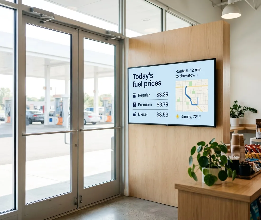 Schermo all’ingresso di un minimarket con i prezzi del carburante di oggi (regular 3,29 $ al gallone, premium 3,79 $, diesel 3,59 $), una mappa con Route 9: 12 min verso il centro, e sole, 22 °C