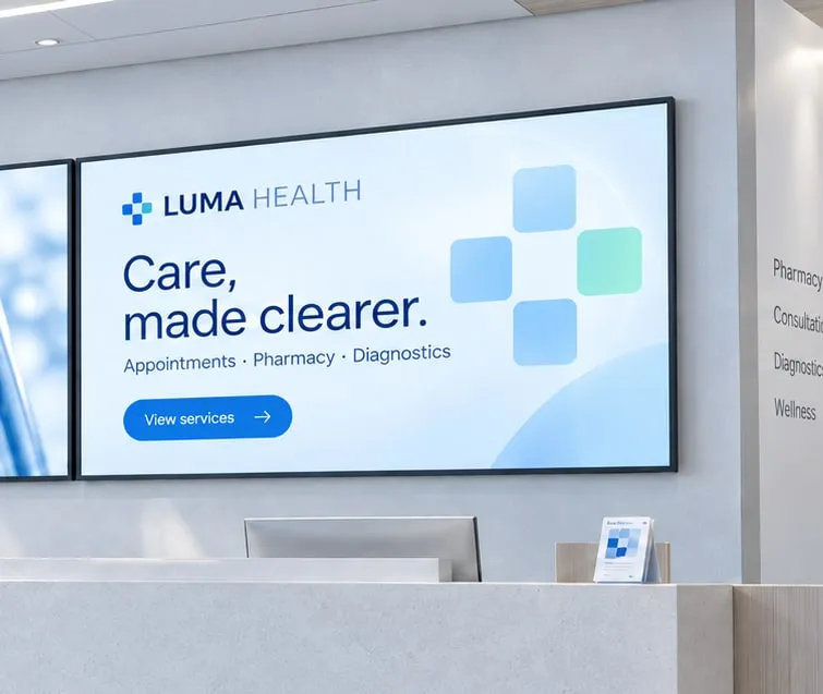 Schermo all’accettazione che mostra i servizi di una struttura sanitaria: appuntamenti, farmacia e diagnostica