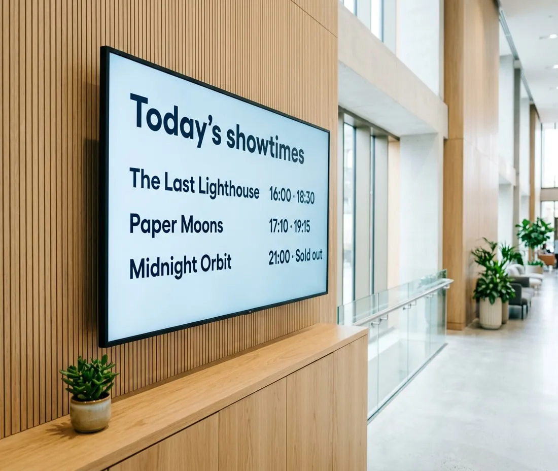 Schermo a parete nel foyer di un cinema con gli orari di oggi: The Last Lighthouse 16:00 e 18:30, Paper Moons 17:10 e 19:15, Midnight Orbit 21:00, tutto esaurito