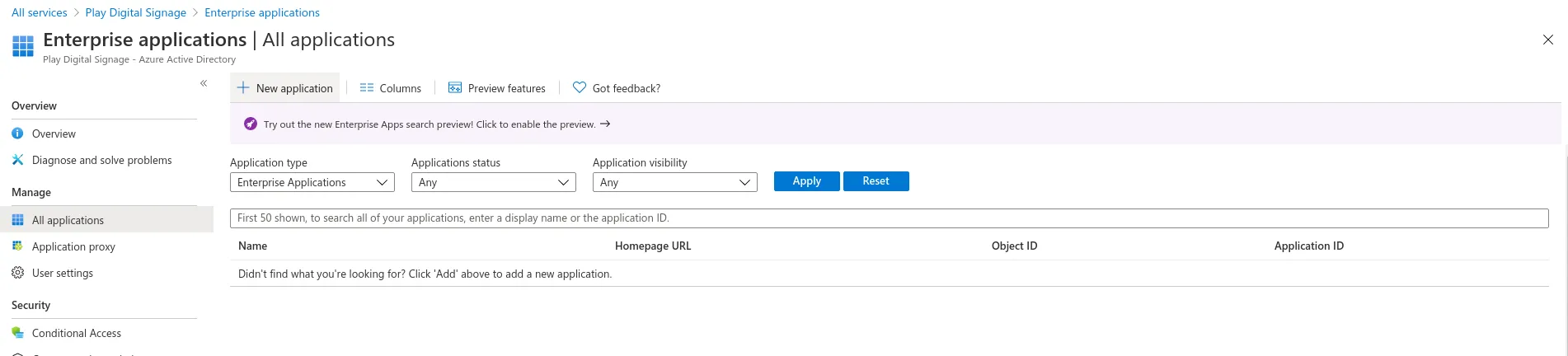 Pagina Enterprise Applications in Microsoft Entra con il pulsante New Application