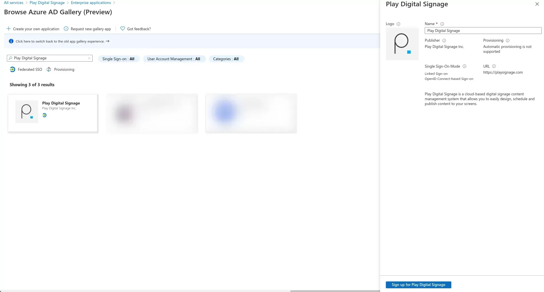 Ricerca di Play Digital Signage nella galleria di app di Entra ID
