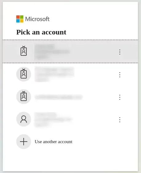 Selettore di account Microsoft per scegliere un account di lavoro