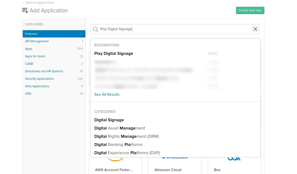 Ricerca di Play Digital Signage nell’Okta Integration Network