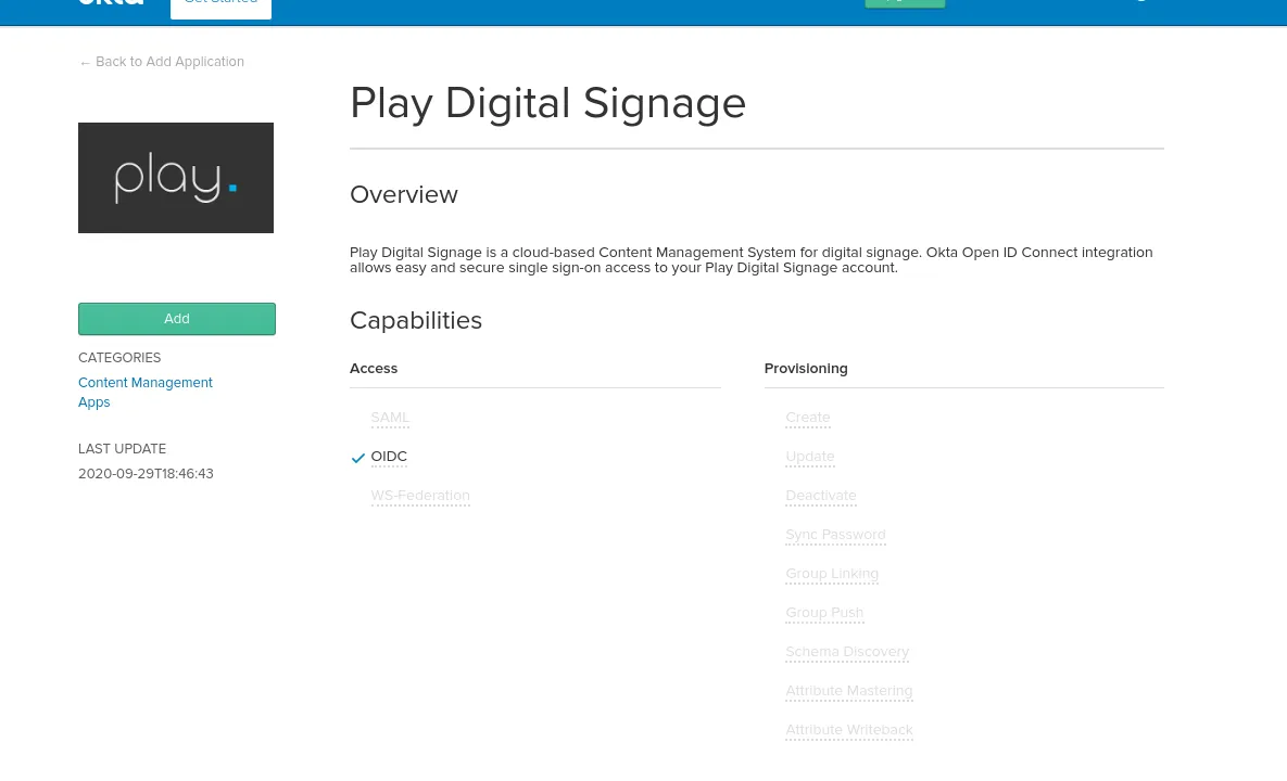 Aggiunta di Play Digital Signage a un’organizzazione Okta