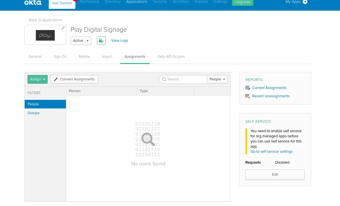 Assegnazione di utenti e gruppi all’app Play Digital Signage in Okta