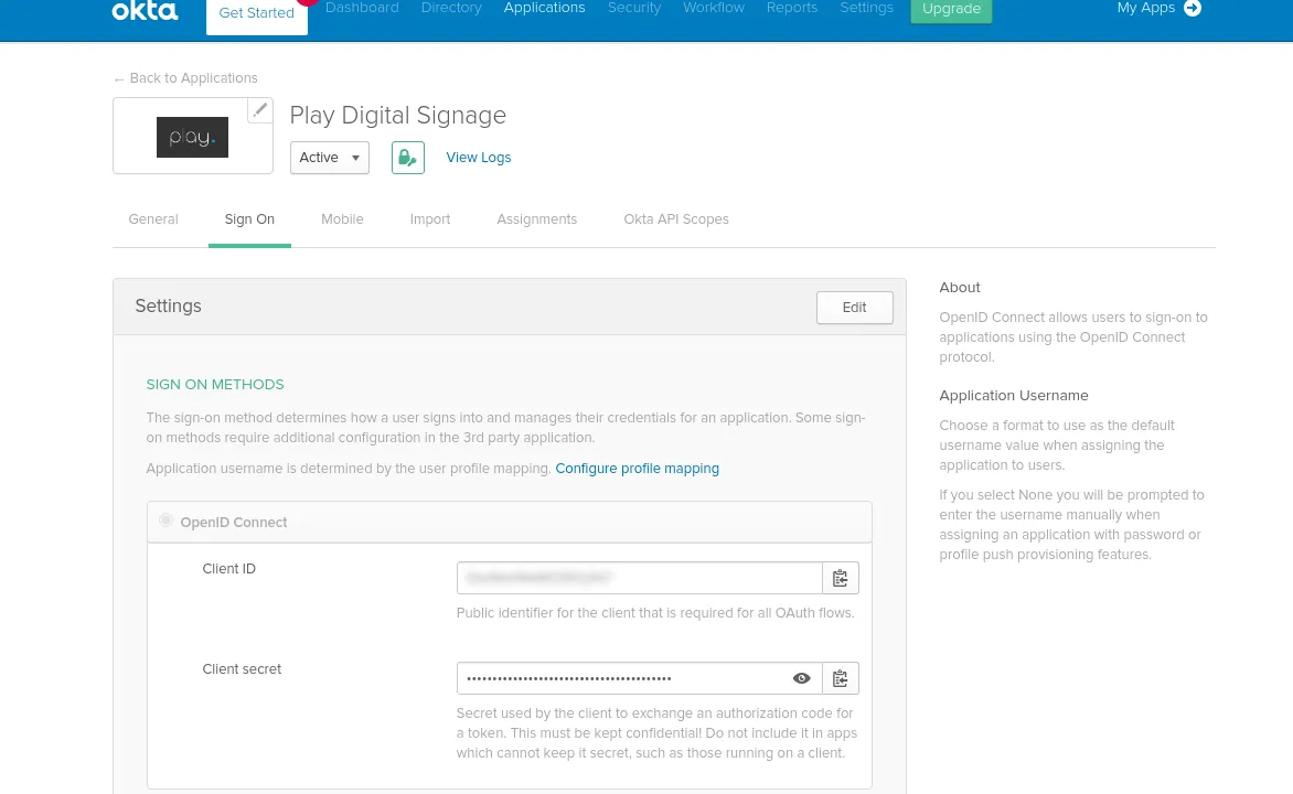 Impostazioni Sign On di Okta con client ID e client secret