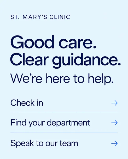 Schermo verticale con il menu di accettazione di una clinica: registrati, trova il tuo reparto, parla con il nostro team