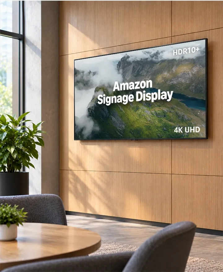 Amazon Signage Display con un paesaggio di montagna in una lounge d’ufficio