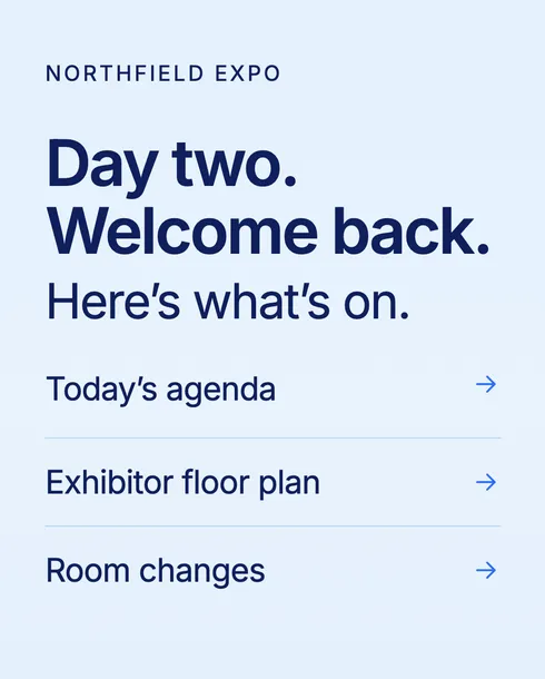 Schermo verticale per il secondo giorno di una fiera con link al programma di oggi, alla piantina degli espositori e ai cambi di sala