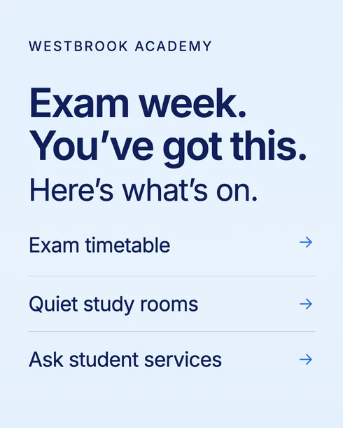 Schermo verticale per la settimana degli esami con i link al calendario degli esami, alle aule studio silenziose e ai servizi agli studenti