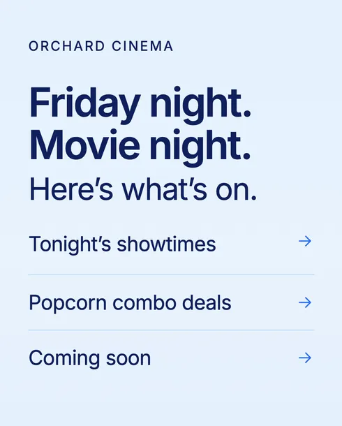 Schermo verticale per la serata cinema del venerdì con link agli orari di stasera, alle offerte combo con i popcorn e alle prossime uscite
