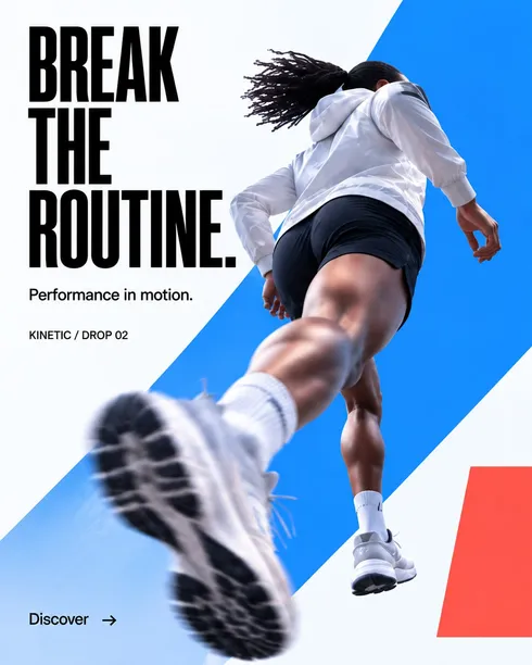 Schermo verticale con una campagna di abbigliamento sportivo: Break the routine, performance in motion