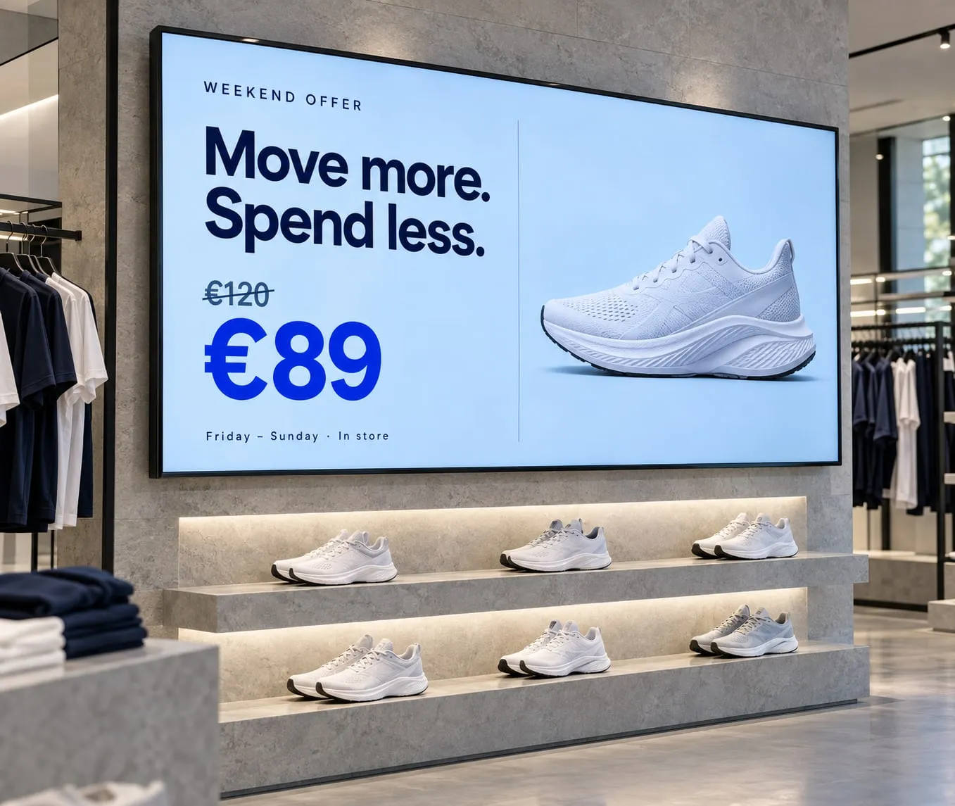 Schermo in negozio con un’offerta per il weekend: scarpe da corsa da 120 € a 89 €, sopra uno scaffale di sneaker