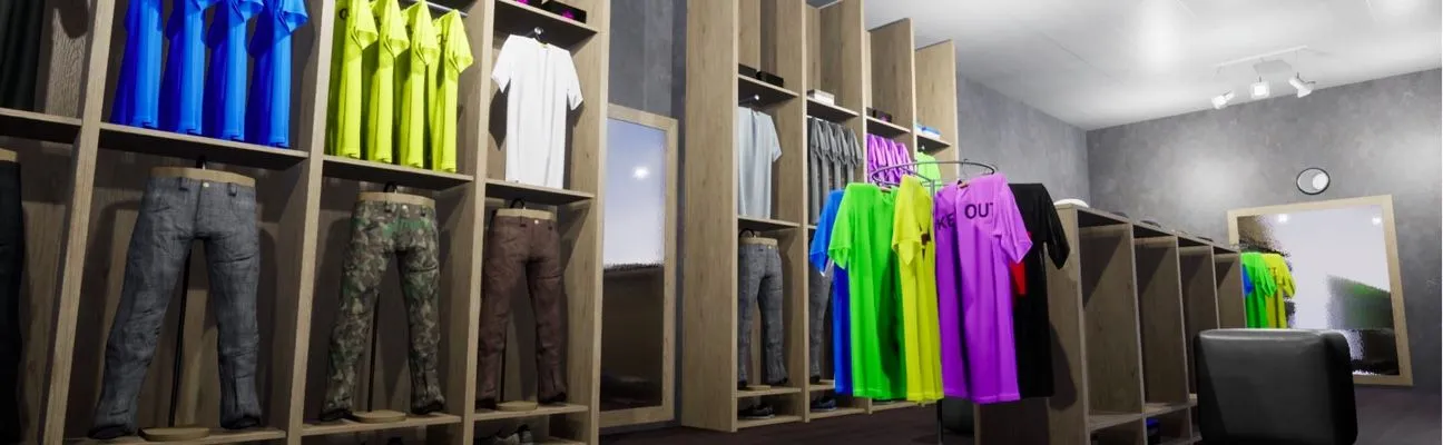 Negozio di abbigliamento con camicie colorate in esposizione