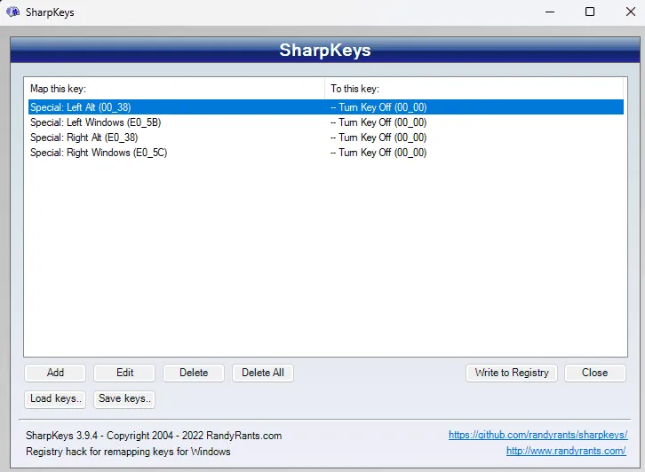 SharpKeys con i tasti Alt e Windows disattivati