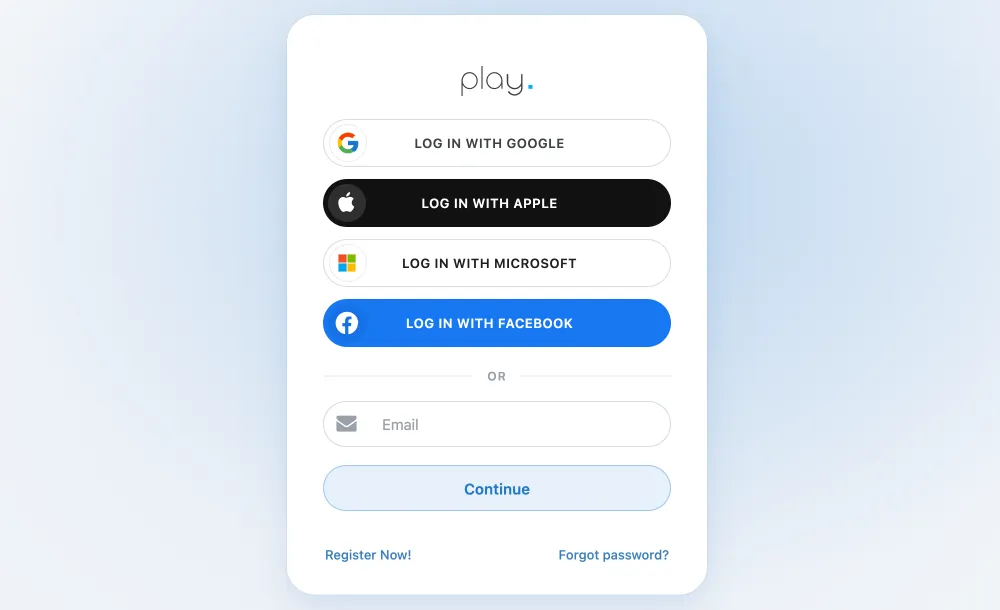La pagina di accesso di Play con le opzioni Google, Apple, Microsoft, Facebook ed e-mail