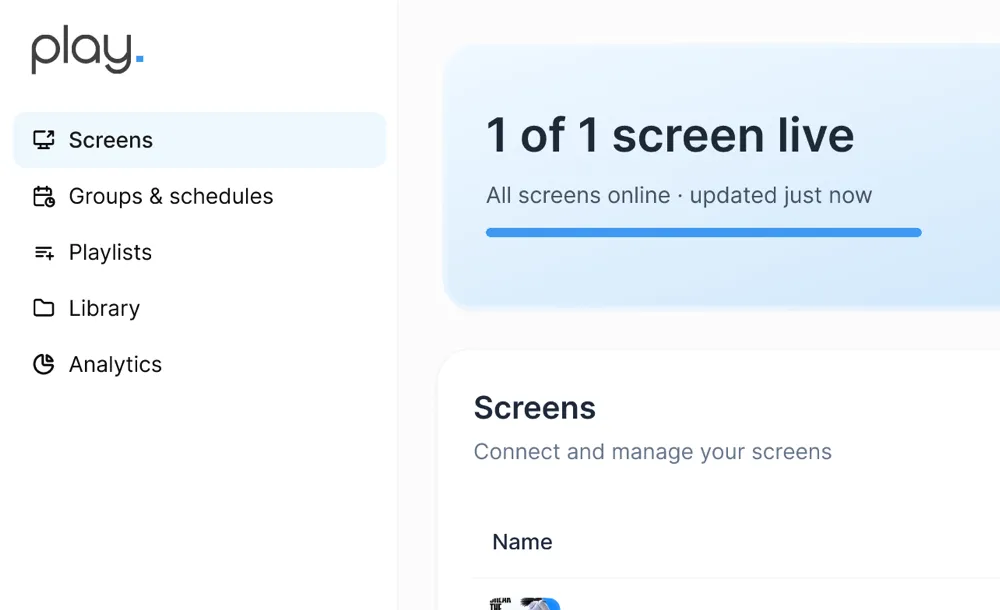 La dashboard di Play con 1 schermo su 1 in onda
